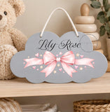 Personalised Wooden Cloud Sign, Pink Bow, Stars Nursery Sign, Baby Name Plaque, Kids Bedroom Door Sign, New Baby Gift, Nursery Decor Toddler