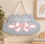 Personalised Wooden Cloud Sign, Pink Bow, Stars Nursery Sign, Baby Name Plaque, Kids Bedroom Door Sign, New Baby Gift, Nursery Decor Toddler