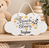Personalised Wooden Cloud Sign, Space Astronaut Nursery Sign, Baby Name Plaque, Kids Bedroom Door Sign, New Baby Gift, Nursery Decor Toddler