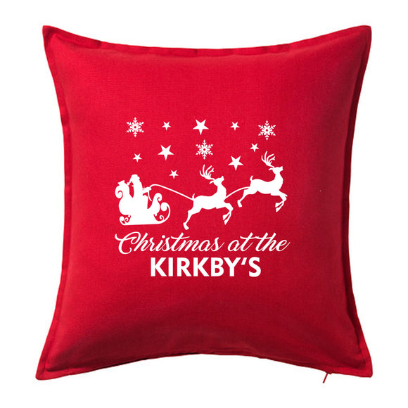 Christmas at the Family Name - Personalised Christmas Cushion with Santa & Reindeer