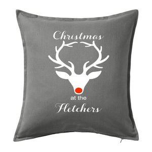 Christmas at the Family Name - Personalised Christmas Cushion with Stag Head