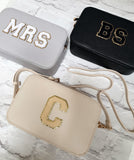 Personalised Cross Body bag~bag with strap~Monogram bag~Hen party~Bride~Mrs~vegan leather bag~custom initials on bag