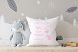 Name and Date with Elephant Hearts and Balloon ~ Newborn Baby, Christening, Birthday White Personalised Cushion Pillow including infill