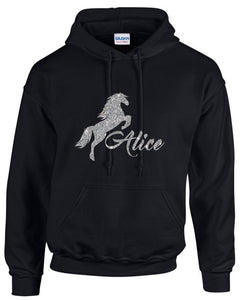 Personalised horse glitter black hoodie