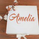 Will you be my Bridesmaid, Maid of Honour, etc ...... personalised white with rose gold Box with bow hanger and flute