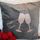 Grey velvet Prosecco Time cushion with glitter