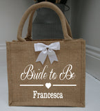 Personalised Mini Shimmer Jute Hessian Gift Bag ~ Bride to Be ~ Bridesmaid ~ Maid of Honour ~ Hen Party Bag ~ Wedding Bag