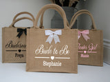 Personalised Mini Shimmer Jute Hessian Gift Bag ~ Bride to Be ~ Bridesmaid ~ Maid of Honour ~ Hen Party Bag ~ Wedding Bag