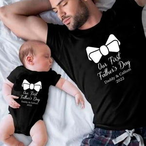 Personalised Our First Father's Day T Shirt with Bow Tie~ Baby Grow ~ Baby Vest ~ Fathers Day Tops ~ Twinning