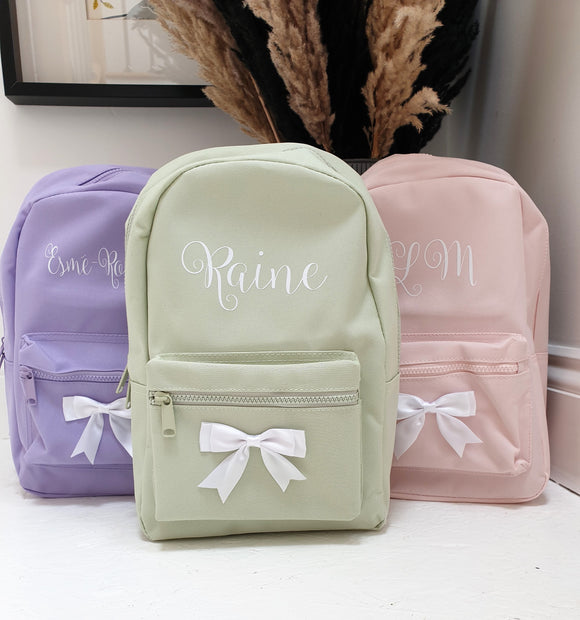 Personalised Mini Kids Childrens Rucksack Backpack School Nursery Bag with Name and Bow