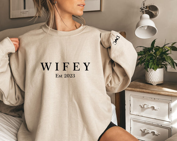 Wifey with Initials and Heart on Sleeve ~ Sweatshirt Tops ~ Wedding Bridal Hen Party Top